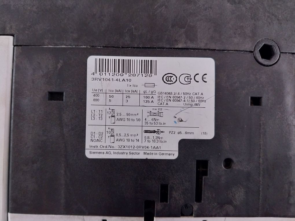Siemens Circuit Breaker 3Rv1041-4La10 Motor Protection