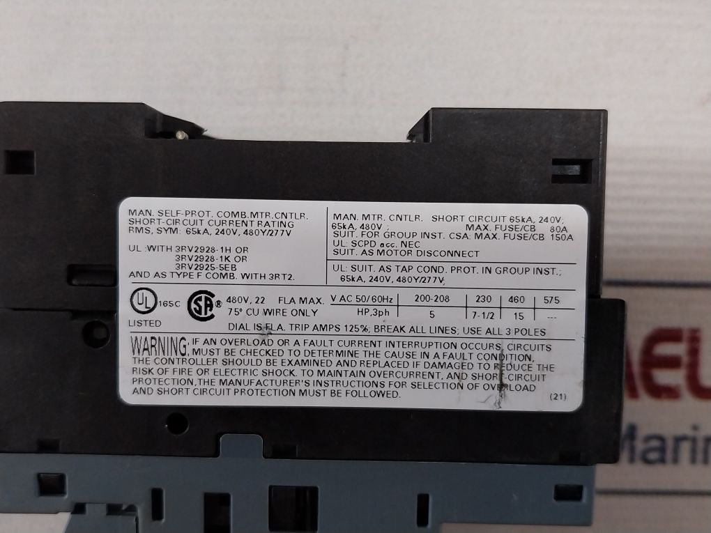 Siemens 3Rv2021-4Ca10 Motor Protection Circuit Breaker