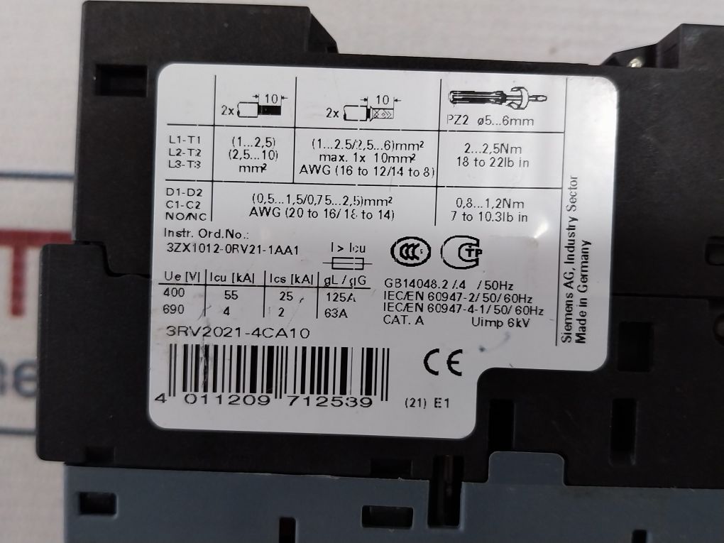 Siemens 3Rv2021-4Ca10 Motor Protection Circuit Breaker