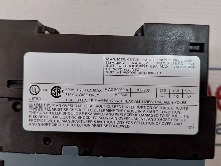 Siemens 3Rv2411-0Ka10 Motor Protection Circuit Breaker