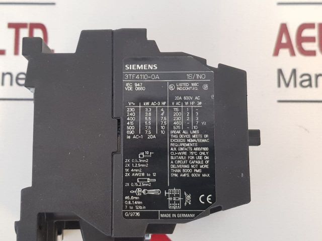 Siemens 3Tf4110-0A Contactor 600V Ac 20A