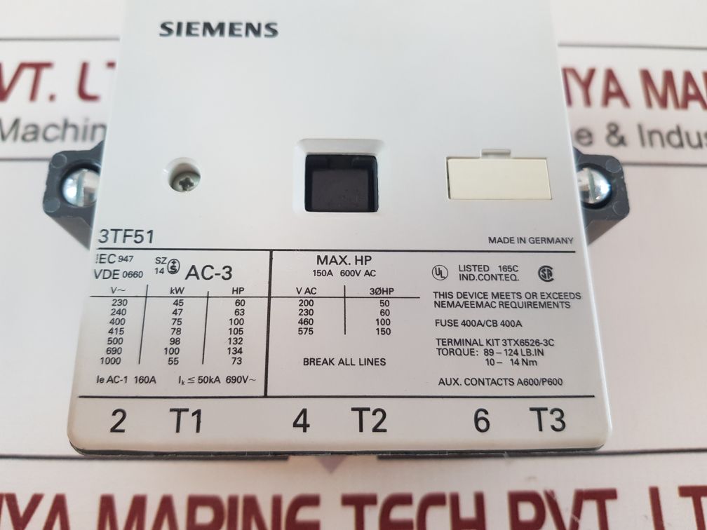 Siemens 3Tf51 Contactor Motor Starter 150A,600V Ac