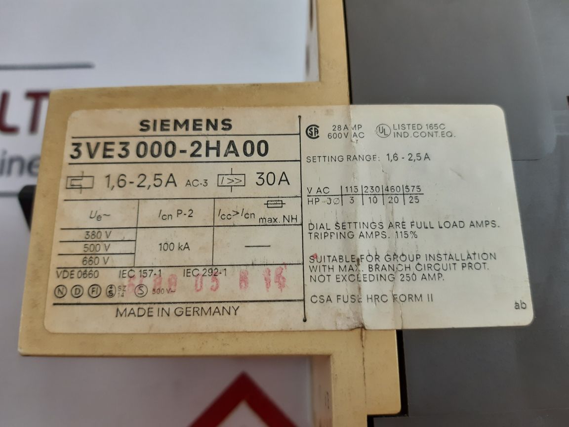 Siemens 3Ve3000-2Ha00 Motor Starter