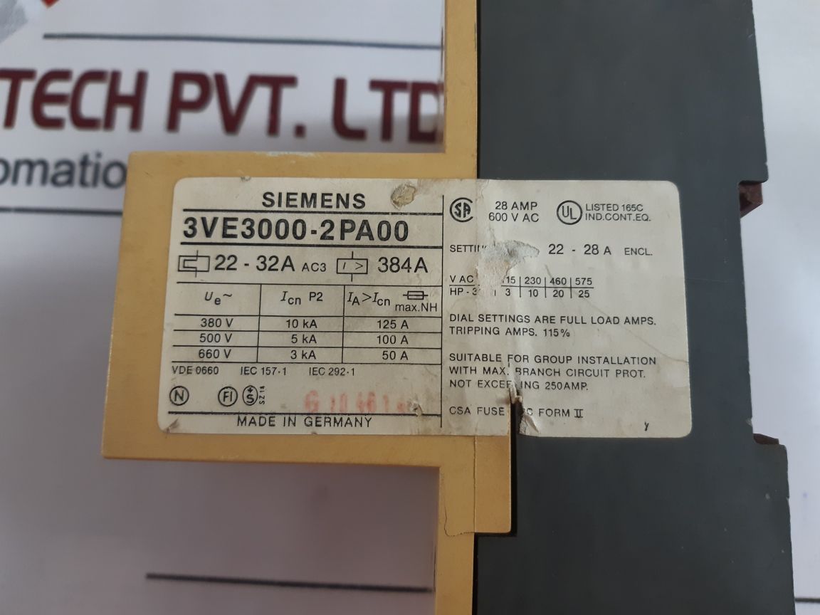 Siemens 3Ve3000-2Pa00 Motor Starter