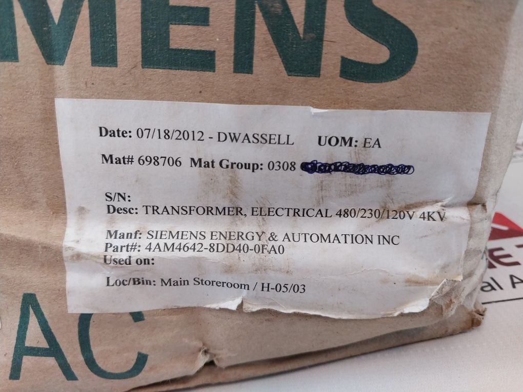 Siemens 4Am4642-8Dd40-0Fa0 Transformer
