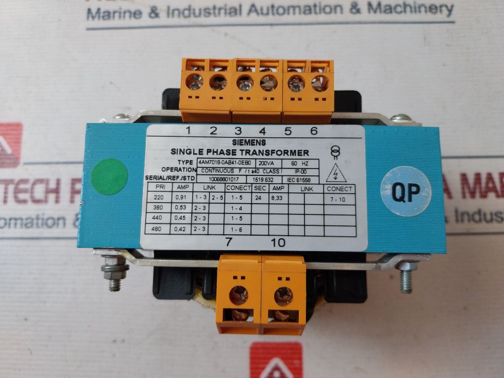 Siemens 4Am7018-0Ab41-0Eb0 Single Phase Transformer 200Va