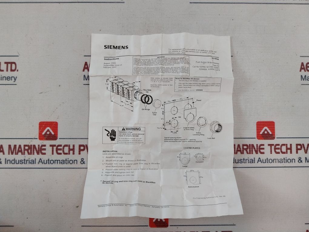 Siemens 52Pa8 Switch Push Button Operator