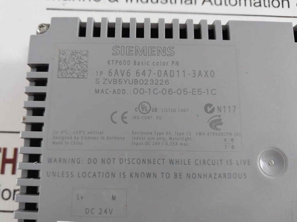Siemens 6Av6 647-0Ad11-3Ax0 Ktp600 Basic Color Panel
