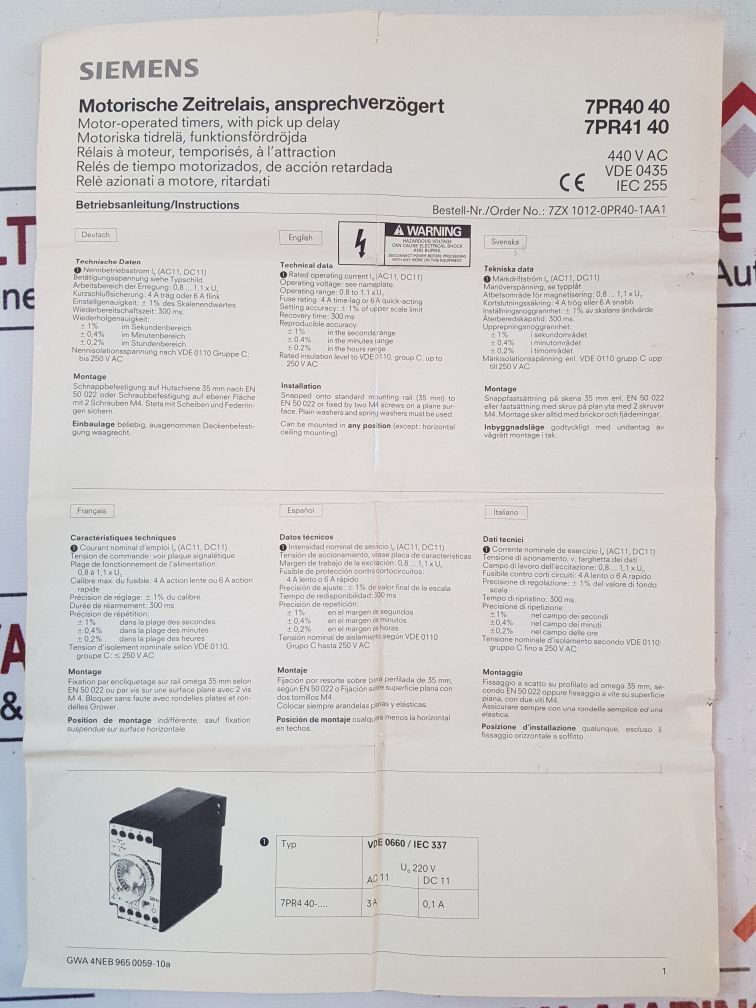 Siemens 7Pr41 Time Relay 7Pr4140-6Pm00 220V