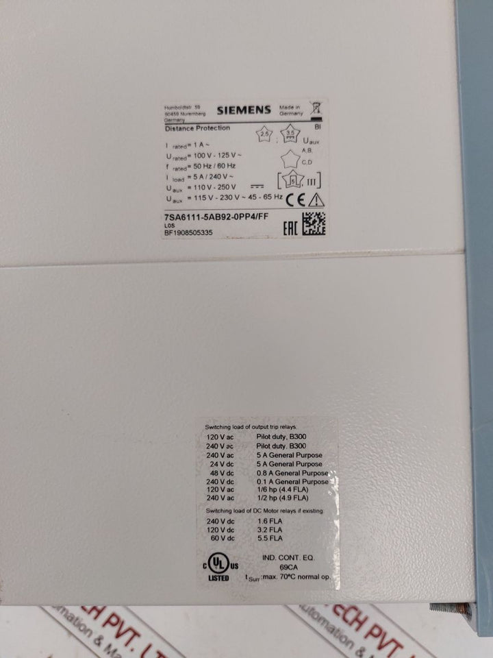 Siemens 7Sa6111-5Ab92-0Pp4/Ff Distance Protection Relay