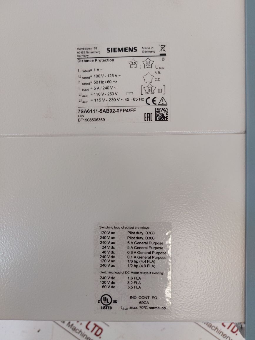 Siemens 7Sa6111-5Ab92-0Pp4/Ff Distance Protection Relay