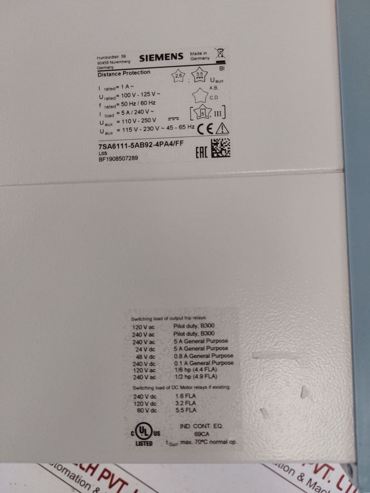 Siemens 7Sa6111-5Ab92-4Pa4/Ff Distance Protection Relay