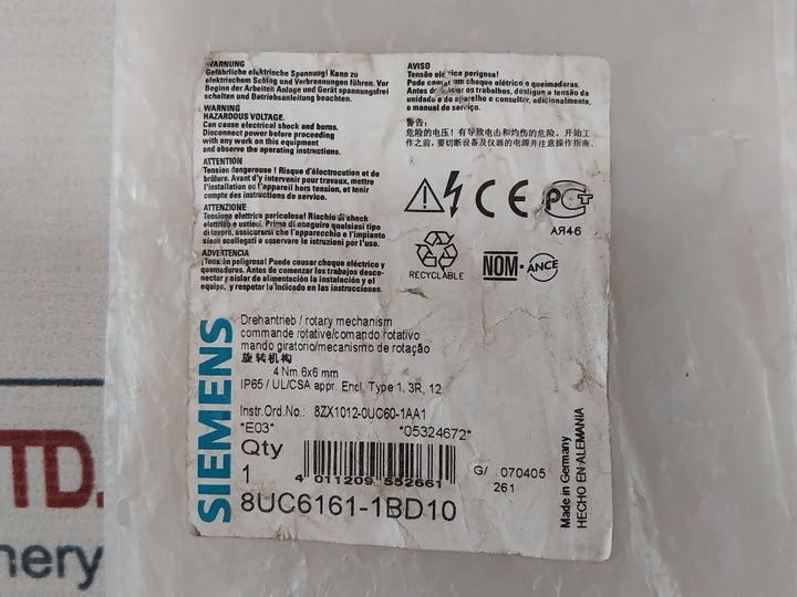 Siemens 8Uc6161-1Bd10 Rotary Mechanism Switch Handle Ip65