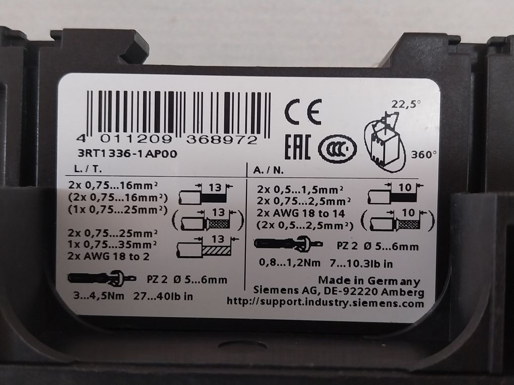 Siemens Sirius 3Rt1336-1Ap00 Contactor 60A 690V
