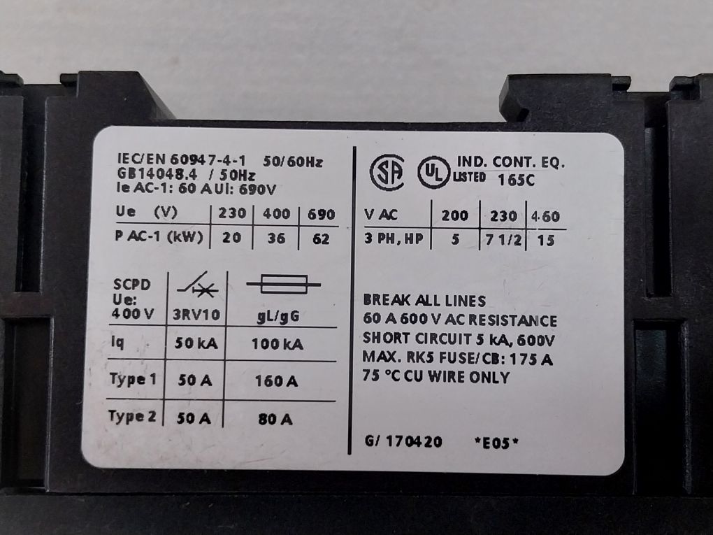 Siemens Sirius 3Rt1336-1Ap00 Contactor 60A 690V