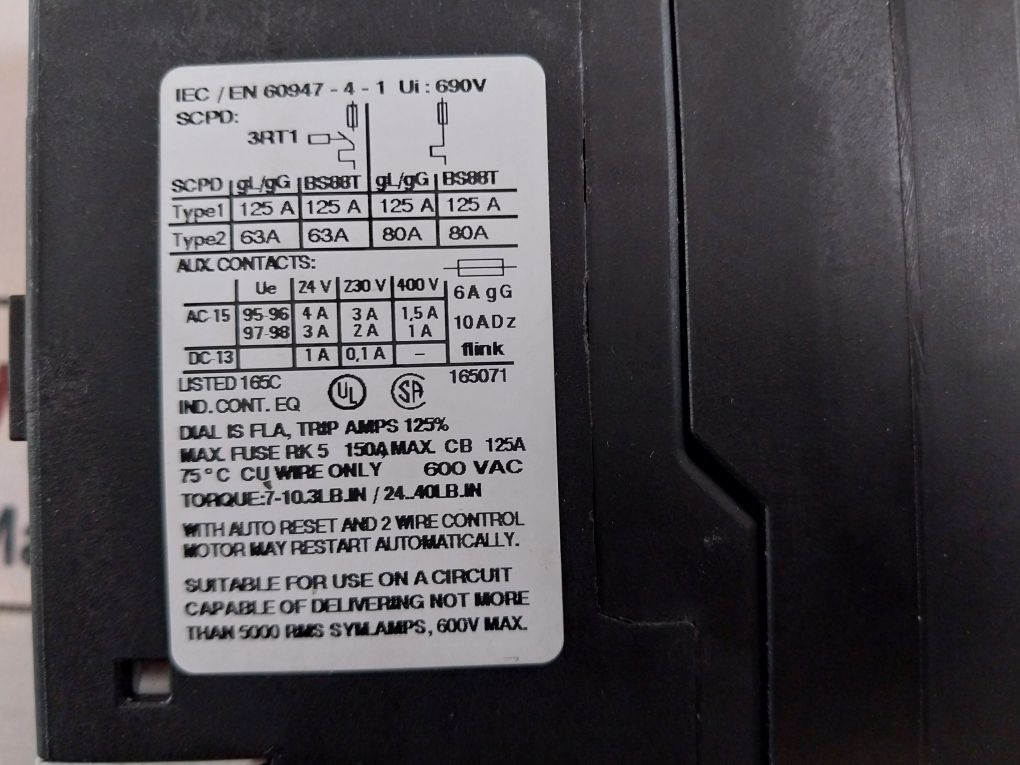 Siemens 3Ru1136-4Fb1 600 Vac