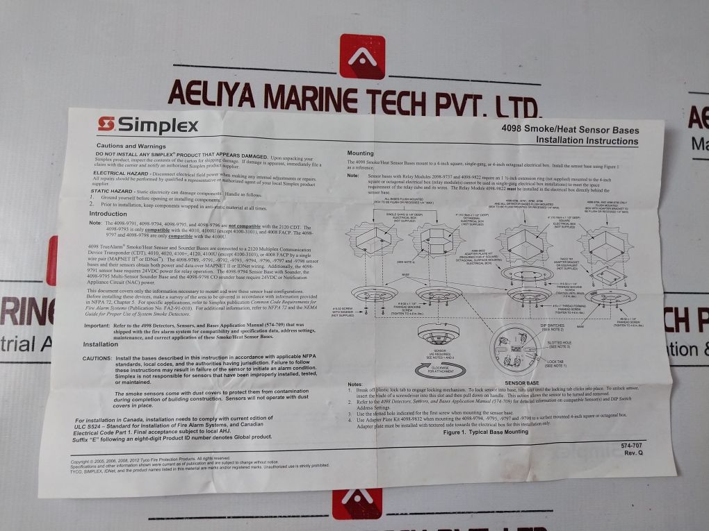 Simplex 4098-9789 Smoke/Heat Sensor Base Rev. D – Aeliya Marine Tech