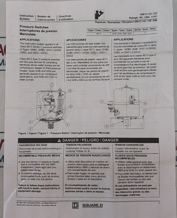 Square D 9013Ghg1S8J54 Ser C Pressure Switch