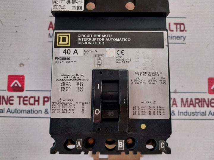 Square D Fh36040 Circuit Breaker 600 V~