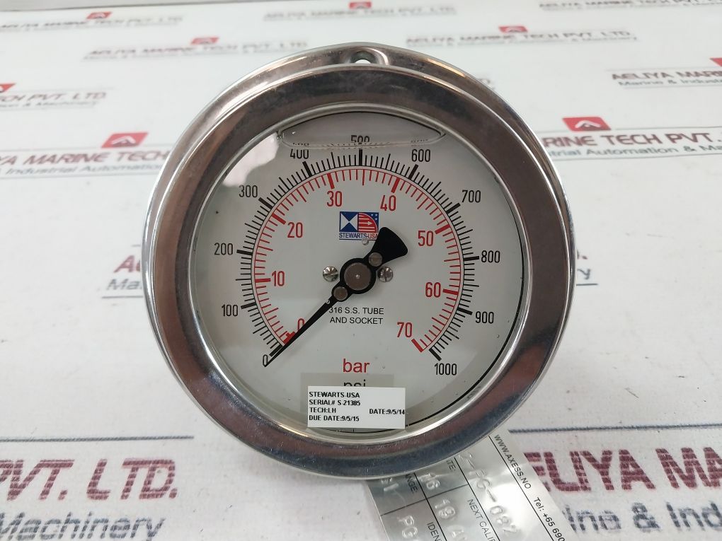 Stewarts 316 S.S. Tube And Socket Pressure Gauge 0-70 Bar