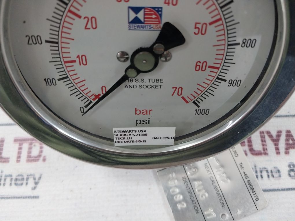 Stewarts 316 S.S. Tube And Socket Pressure Gauge 0-70 Bar