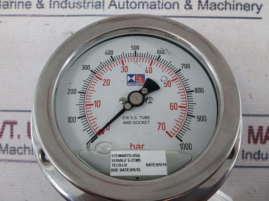 Stewarts 316 S.S. Tube And Socket Pressure Gauge 0-70 Bar