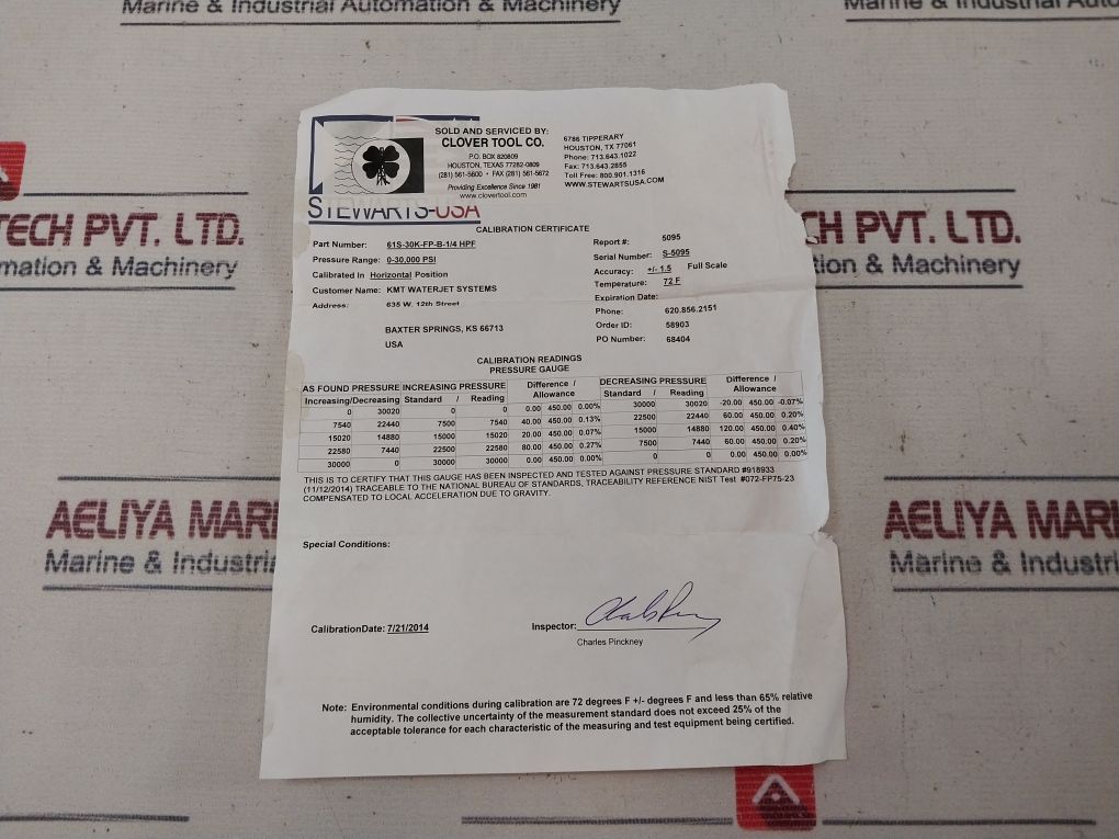 Stewarts 61S-30K-fp-b-1/4” Hpf Pressure Gauge 0-30000 Psi