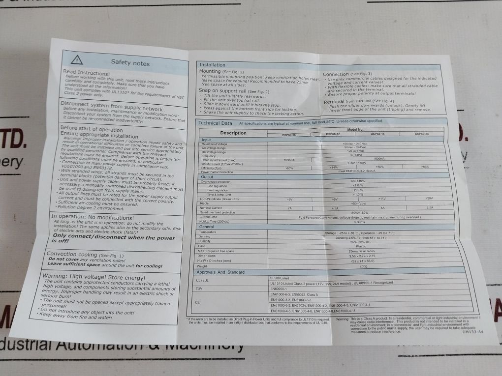 Tdk-lambda Dsp60-12 Din Rail Power Supply 100-240Vac