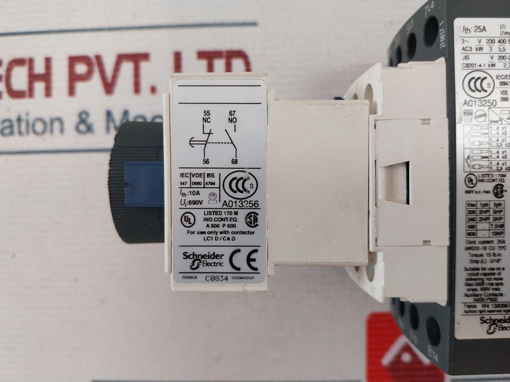 Telemecanique A013250 Contactor With Ladt0 Auxiliary Contact Block Lad4Rcu Transient Suppressor Lad8N20 Contact Block