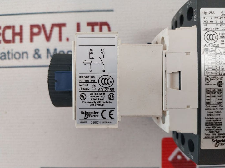 Telemecanique A013250 Contactor With Ladt0 Auxiliary Contact Block Lad4Rcu Transient Suppressor Lad8N20 Contact Block
