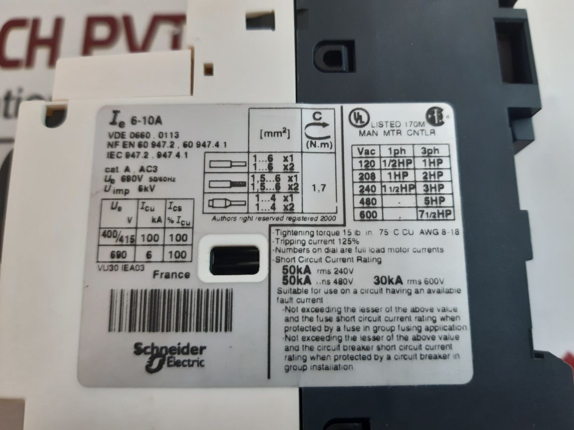 Telemecanique Gv2-p14/6-10A Motor Circuit Breaker
