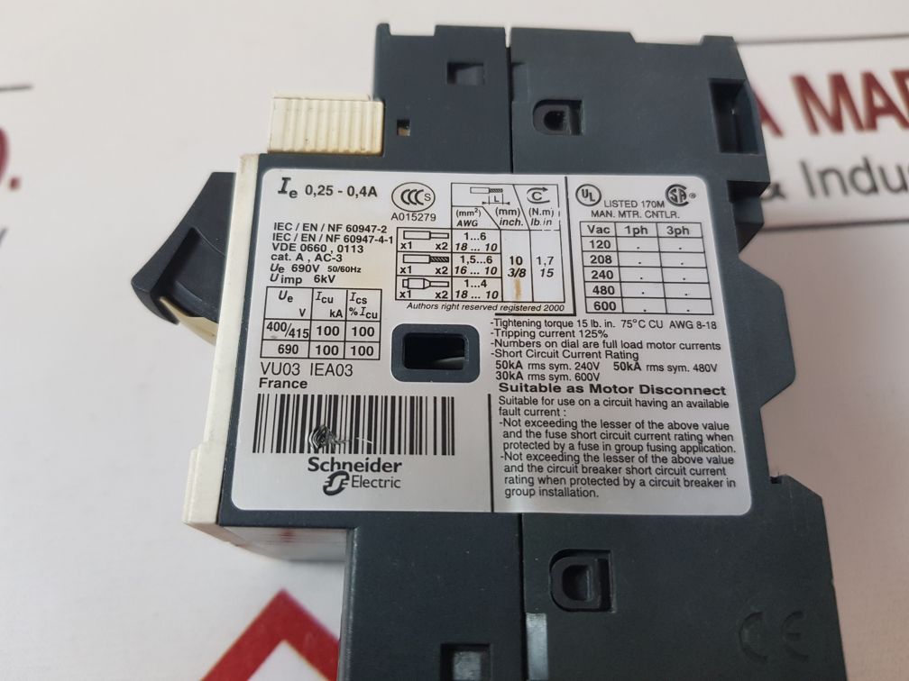 Telemecanique Gv 2 Me03/ 0.25-0.40A Motor Circuit Breaker