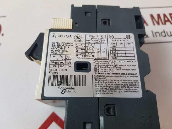 Telemecanique Gv 2 Me03/ 0.25-0.40A Motor Circuit Breaker