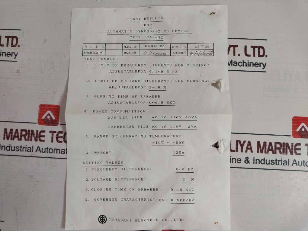 Terasaki Electric Eas-3X Automatic Synchronizing Device