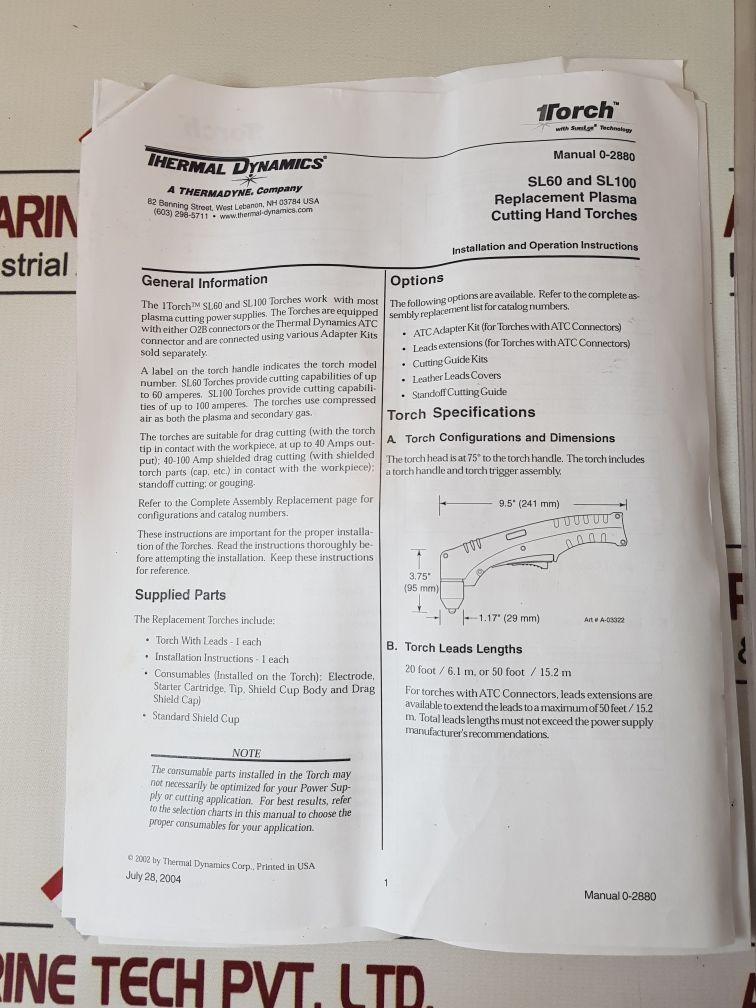 Thermal Dynamics 7-5202 Sl 100 Plasma Cutting Torch Kit
