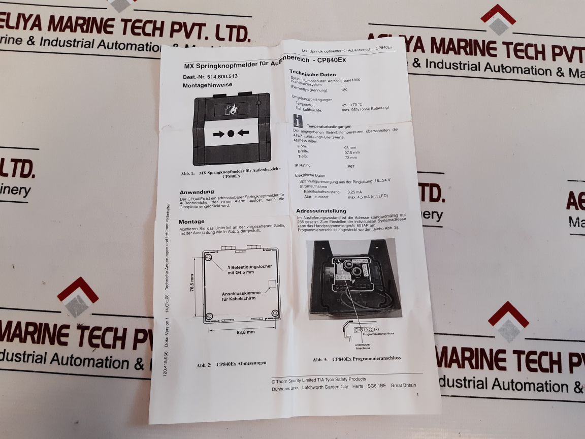 ThornTyco Cp840Ex Manual Call Point 514.800.513
