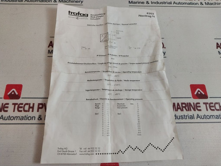 Trafag 8202.21.2210 Pressure Transmitter 12-34 Vdc