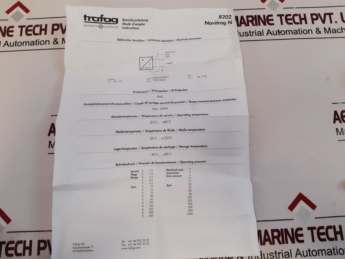 Trafag 8202.81.2210 Pressure Transmitter 0...40 Bar-g, 0...4 Mpa-g
