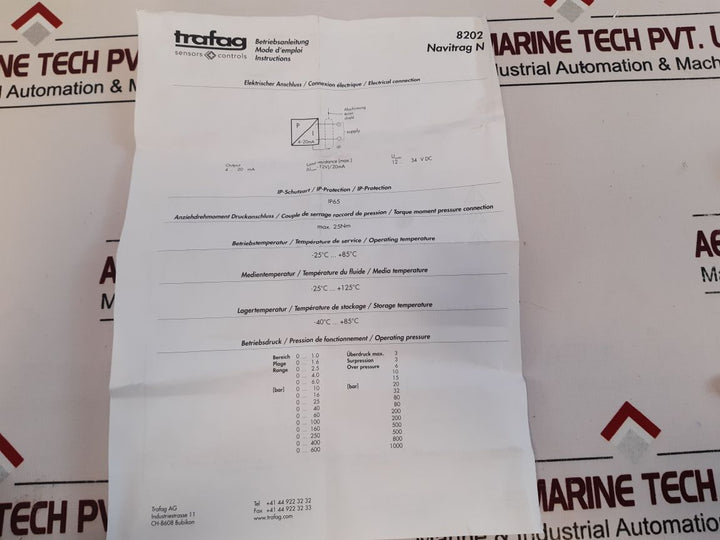 Trafag 8202.81.2210 Pressure Transmitter 0...40 Bar-g, 0...4 Mpa-g
