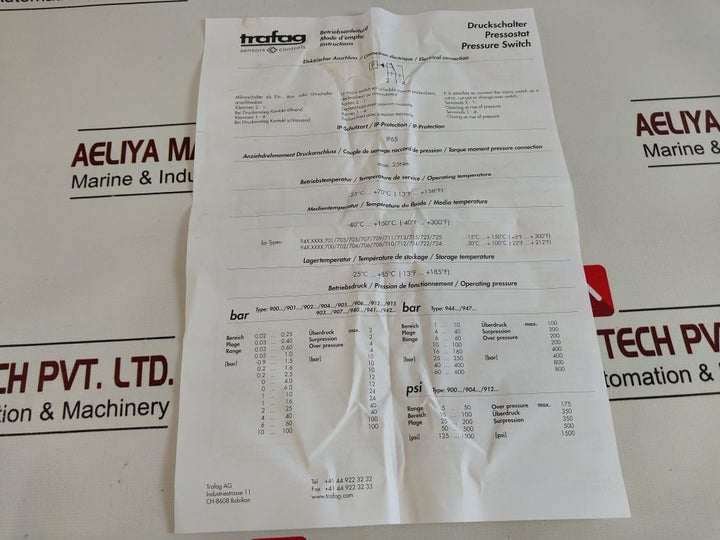 Trafag 900.2378.905 Pressure Switch 1…10 Bar (~Kg/Cm2)