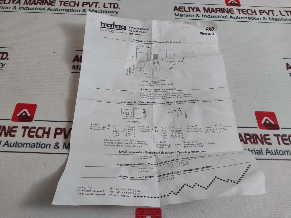 Trafag 9B0.2077 Pressure Switch 250V Ac 