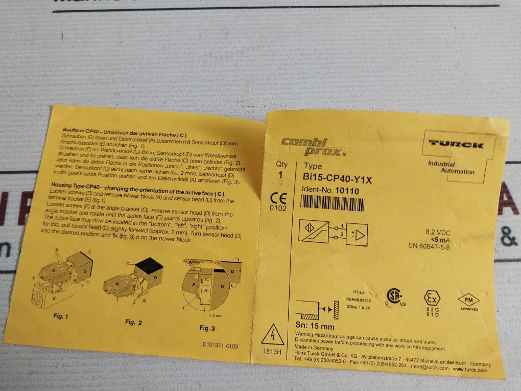 Turck Bi15-cp40-y1X Inductive Proximity Sensor En 60947-5-6