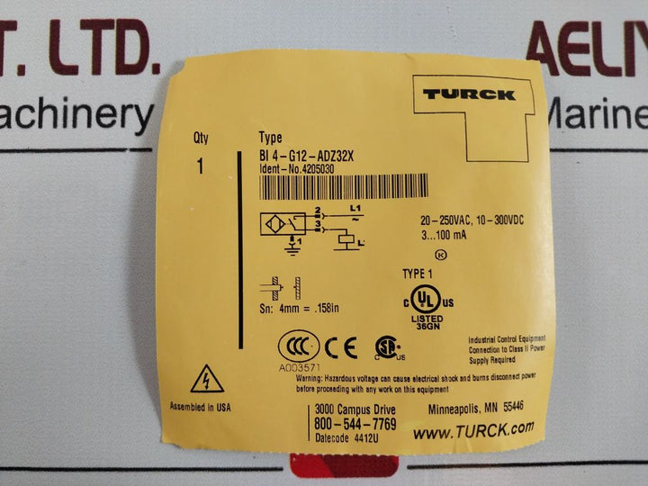 Turck Bi 4-g12-adz32X Inductive Sensor With Cable
