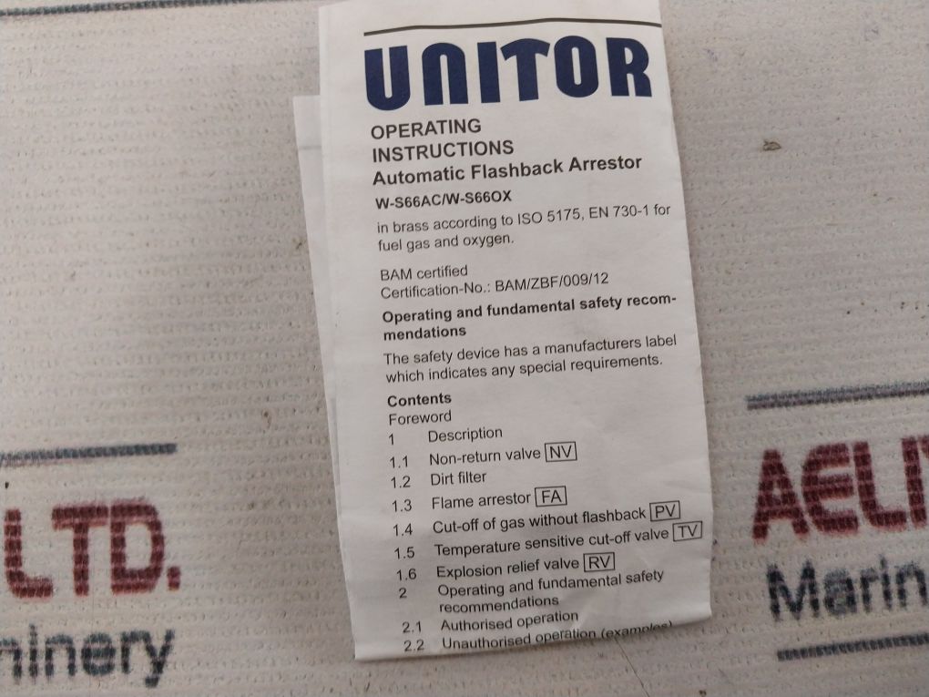 Unitor 183970 Automatic Flashback Arrestor W-66S Acetylene