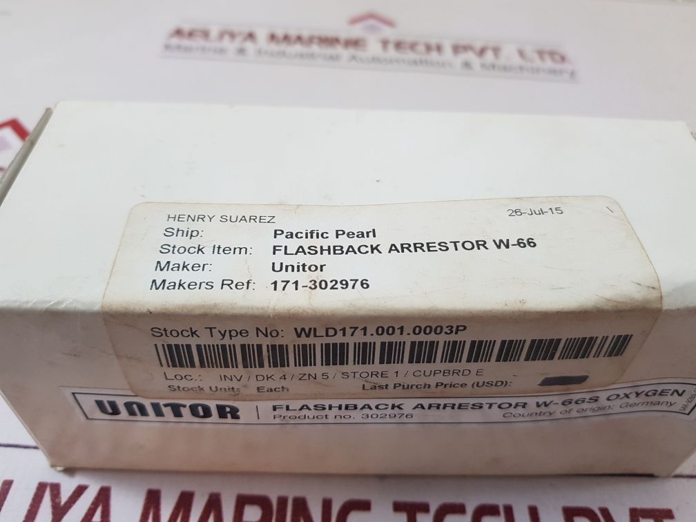 Unitor 302976 Flashback Arrestor W-66S Oxygen
