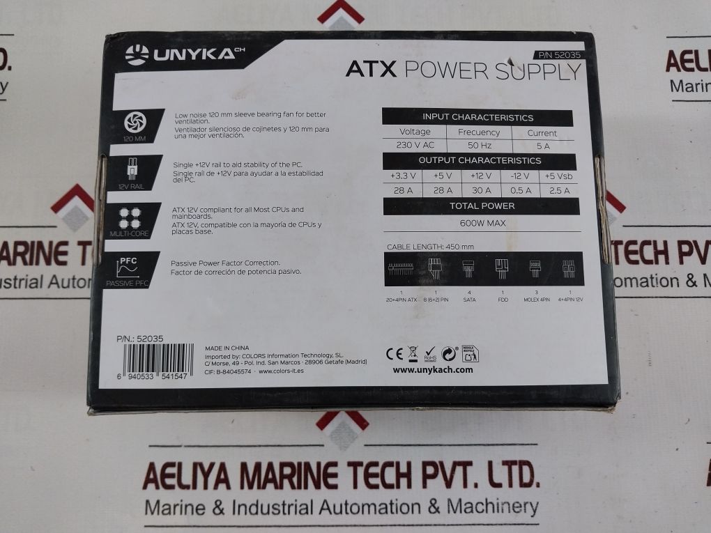 Unykach 52035 Atx Power Supply 600W, 230V Ac