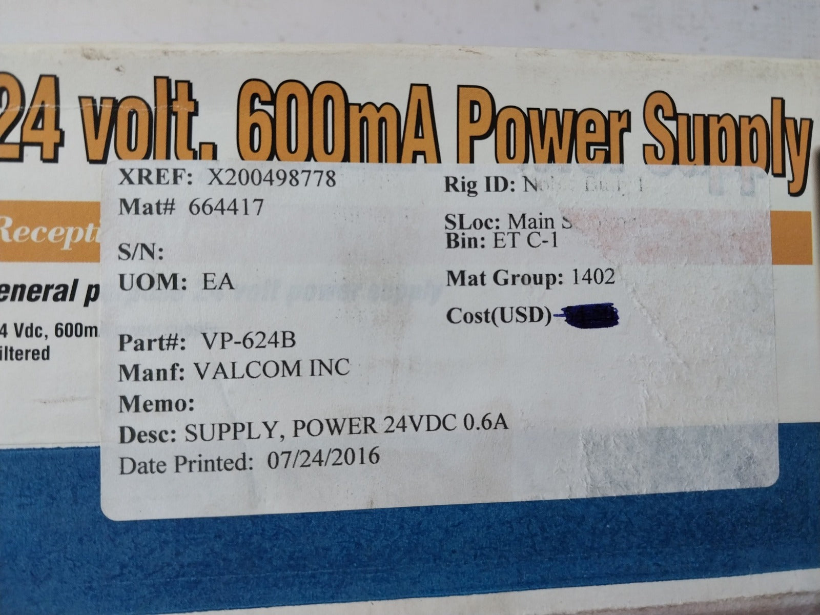 Valcom Vp-624B Power Supply 24 Vdc 0.6A