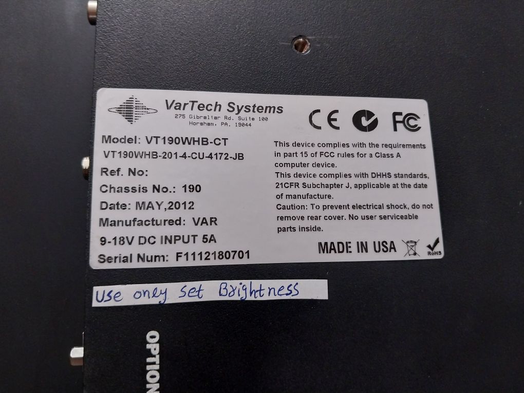Vartech Systems Vt190Whb-ct Monitor Display Vt190Whb-201-4-cu-4172-jb