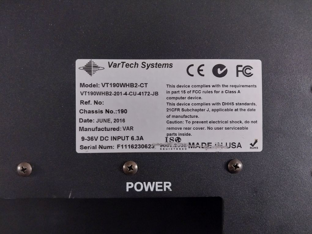 Vartech Systems Vt190Whb2-ct Monitor Display