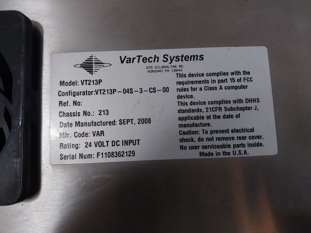 Vartech Systems Vt213P Operator Interface Panel 24 Volt Dc Input